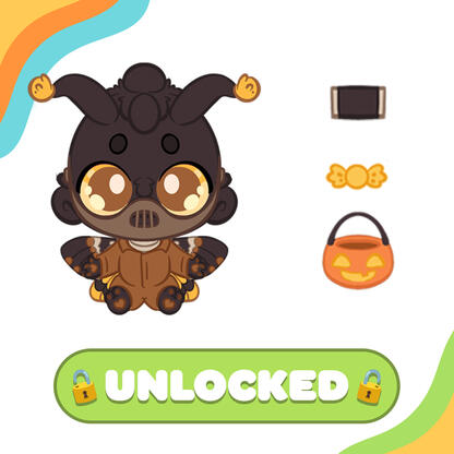 Illustration of a plush design. Dottie Death's-Head is a soft brown moth plush that comes with 3 Halloween prop accessories and 3 outfit pieces.