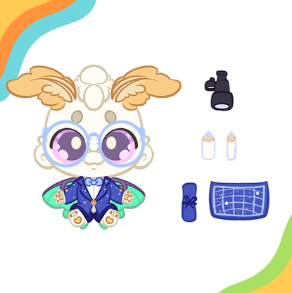 Illustration of a plush design. Laisy is a luna moth with stargazing accessories such as a dark blue blazer, pants, a star map, a white pencil, and a telescope. Laisy also has sky blue glasses witha matching bow tie.