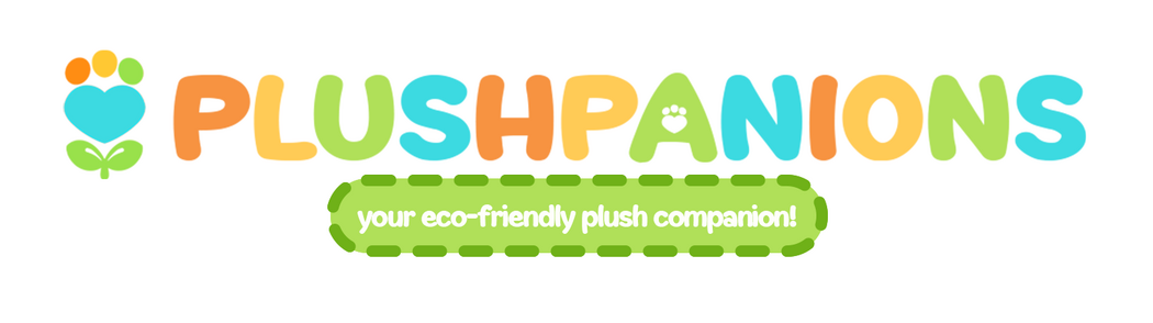 Logo for Plushpanions, with alternating soft orange, yellow, green and cyan colors. A lower rounded "stitched" box reads, "your eco-friendly plush companion!"