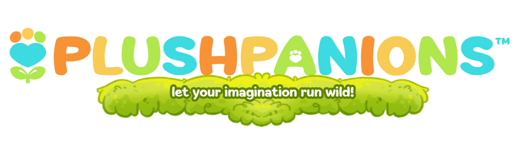 Logo for Plushpanions Logo for Plushpanions, with alternating soft orange, yellow, green and cyan colors. Lower text reads, "Let Your Imagination Run Wild!"
