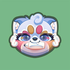 Logo for wildncrafty designs: A white-blue, yellow and pink "red" panda, holding a drawing tablet pencil in its mouth.