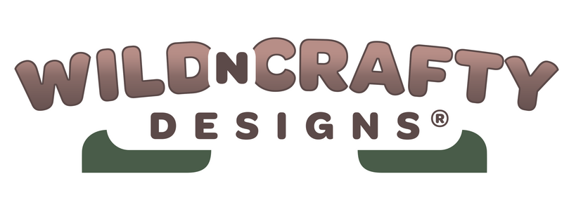 Logo for wildncrafty designs reading, "WildnCrafty Designs" with two dark green leaves underneath.