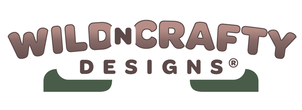 WildnCrafty Designs Logo for wildncrafty designs reading, "WildnCrafty Designs" with two dark green leaves underneath.